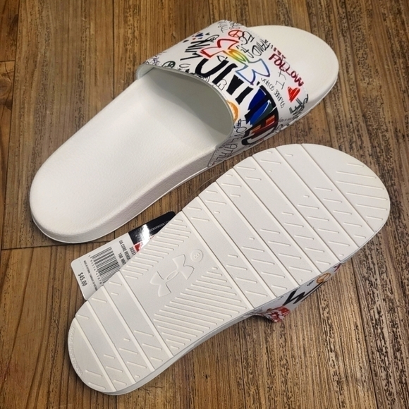 NWT.Under Armour Sandals.Unisex UA Core Remix Pride Slides. White Logo 10.75 - Picture 4 of 4
